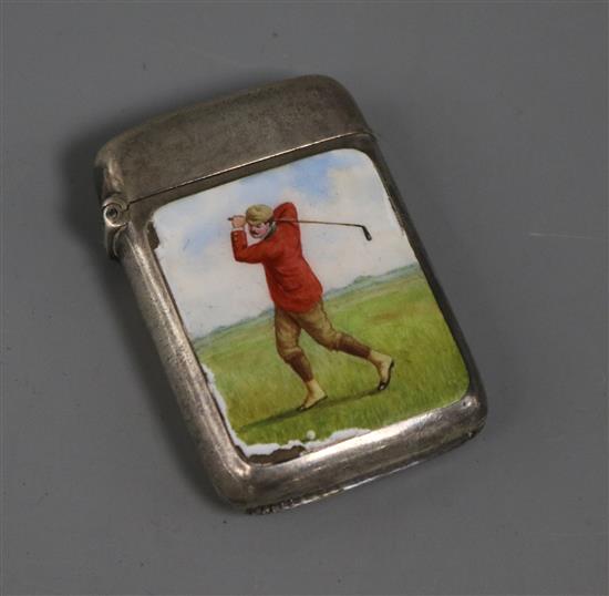 A late Victorian silver and enamel vesta, decorated with golfer, John Millward Bank, Birmingham, 1895, 54mm.